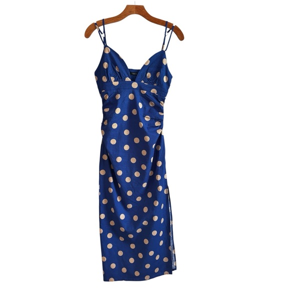 Zara Blue and Gold Polka Dot Midi Dress - Picture 2 of 11